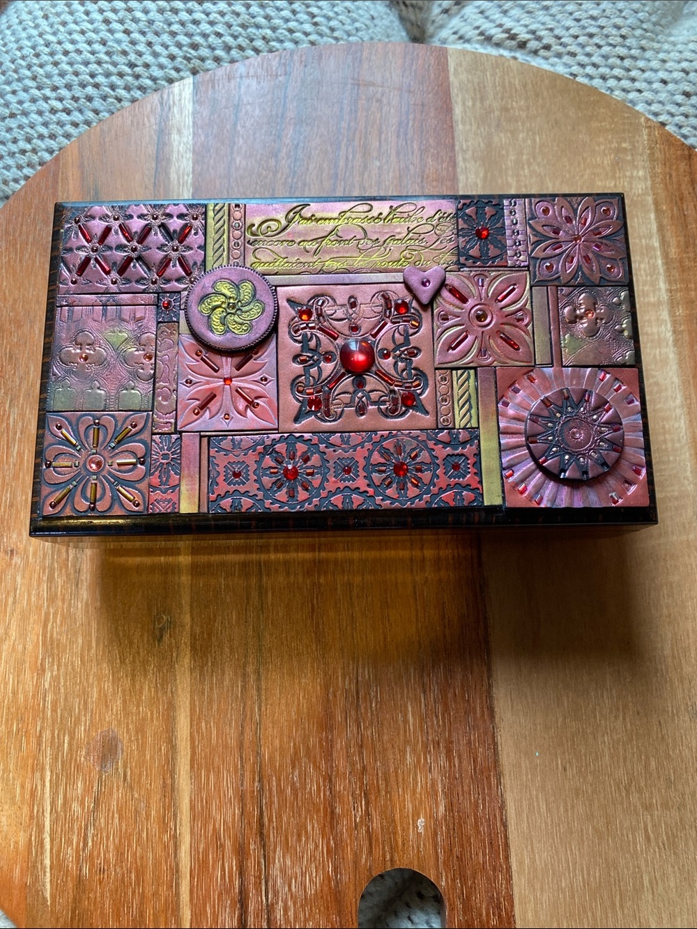 Decorative Embossed Jewelry or Trinket Box in Deep Rose and Gold Tones